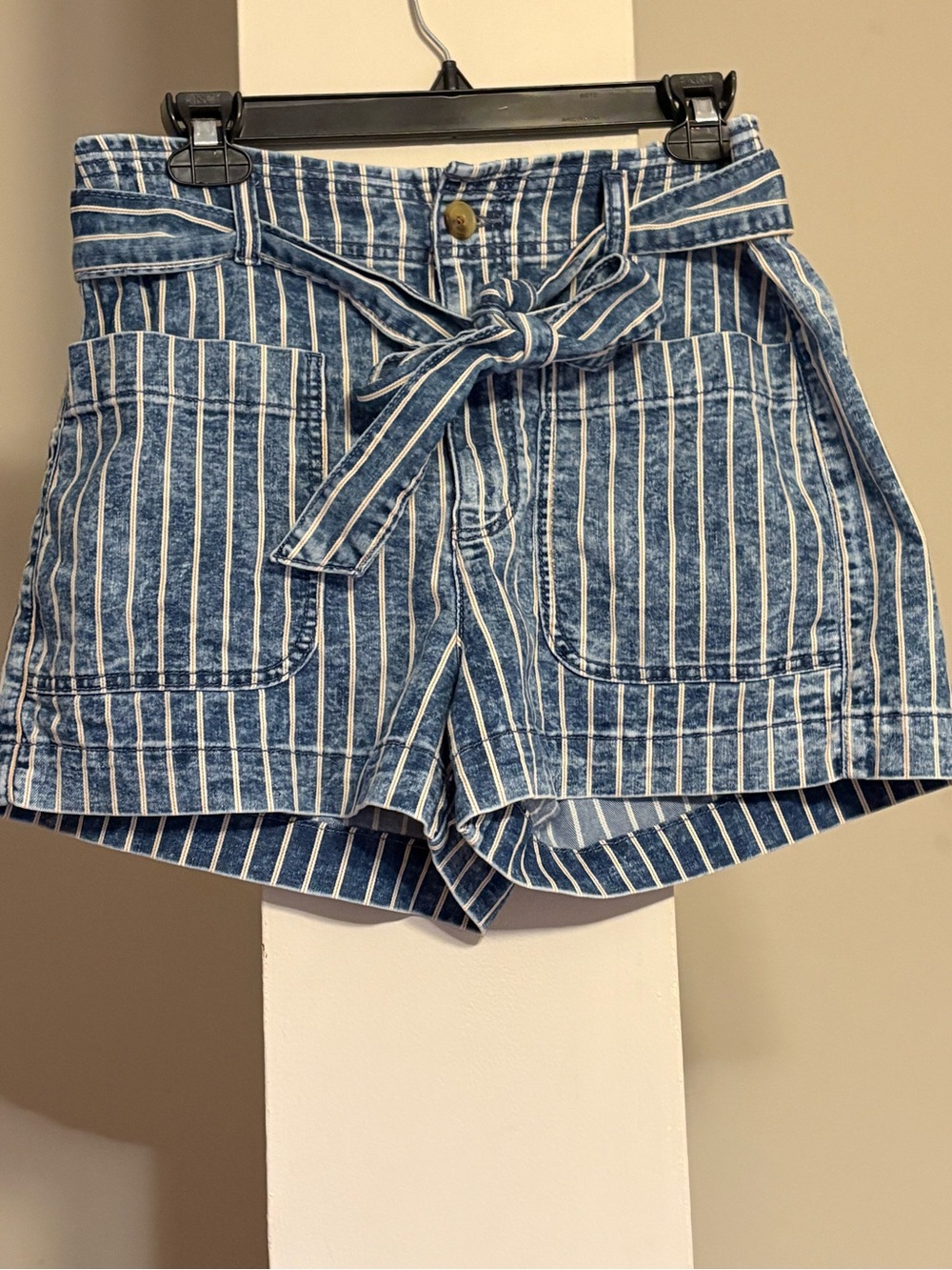 American Eagle Outfitters Blue White Striped High-Waist Tie Shorts #51